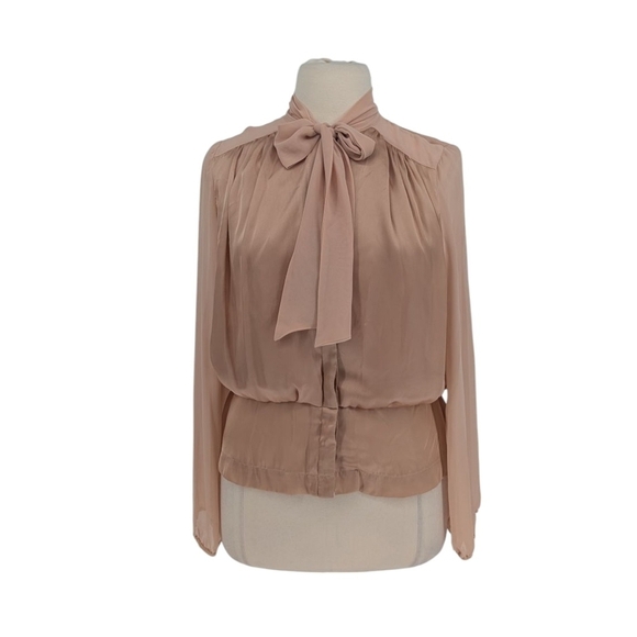 01444 Kenneth Cole Satin Chiffon Bow Top Blouse Pink Size XL preppy victorian - Picture 1 of 9
